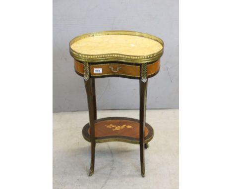 French Louis XV Style Kidney Shaped Walnut Side Table with Gilt Metal Pierced Gallery to the marble top, single drawer and sh