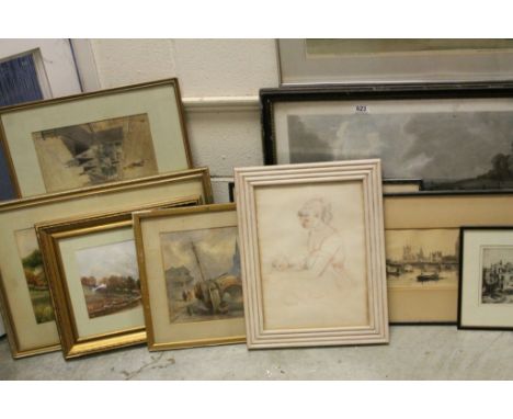 Quantity of watercolours, etchings etc to include etching of Chelsea by Hallawell, rural scenes, street scene with shepherd a