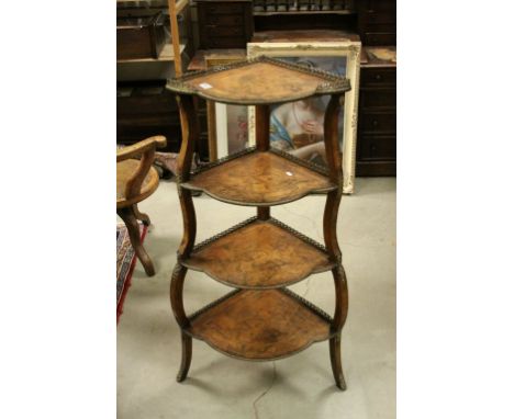 Victorian Walnut and Burr Walnut Four Tier Corner What-not with Gilt Metal Pierced Gallery Mounts to each shelf, 116cms high