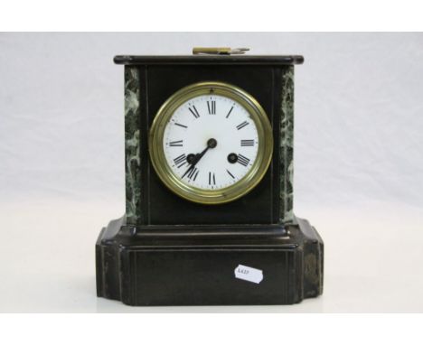 19th Century Striking Slate Mantle Clock with Green Marble detailing &amp; Enamel dial with Roman numerals, maker marked to m