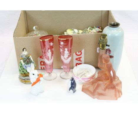 Box of ceramics and glassware to include a Worcester Locke and Co sifter, an Art Deco glass lamp, Murano style glass figurine