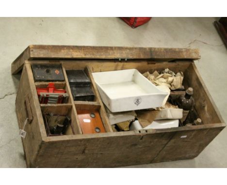 Wooden trunk containing vintage photographic processing and developing items 