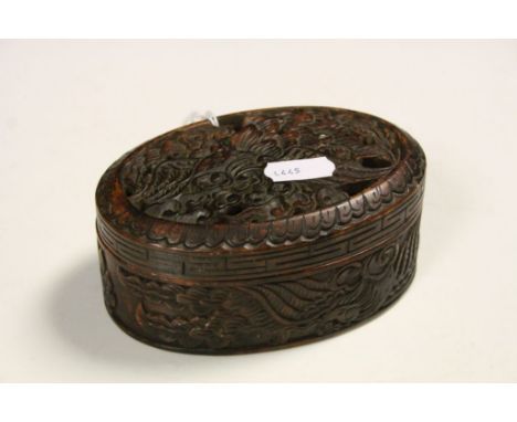 Vintage Chinese Soapstone Pot Pourri type oval box with Dragon decoration &amp; pierced lid, has a Seal mark to base &amp; al