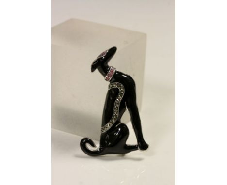Silver and Enamel set dog brooch with Ruby Collar 