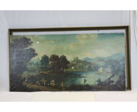 Large vintage framed Oil on canvas of a Lake Landscape scene with Fishermen, measures approx 59 x 120cm