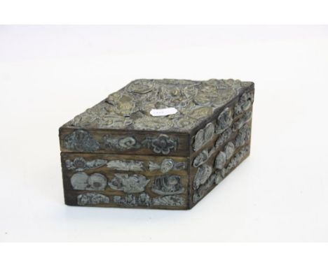Vintage Japanese Diamond shaped Hardwood Box covered in numerous Metal Oriental images, box approx 20 x 11.5 x 9cm