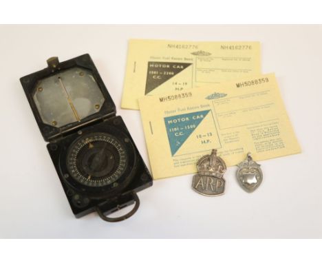 A Small Collection Of World War Two / WW2 Militaria To Include A Motor Fuel Ration Book, A Hallmarked Silver ARP Wardens Coll