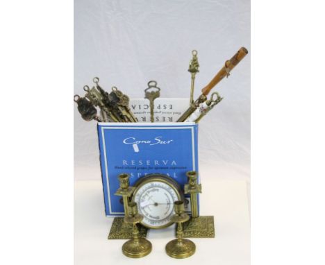 Quantity of metal ware to include fire irons, candlesticks, toasting forks and a vintage barometer