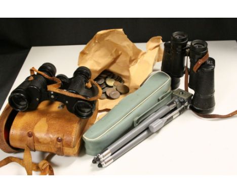 Small collection of vintage UK &amp; World coins to include 19th Century &amp; Silver, two pairs of vintage Field Binoculars,