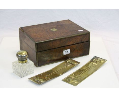 Part fitted vintage Writing slope with Walnut veneer &amp; Brass trim, approx 30.5 x 22.5 x 13cm, a large cut Glass Inkwell w
