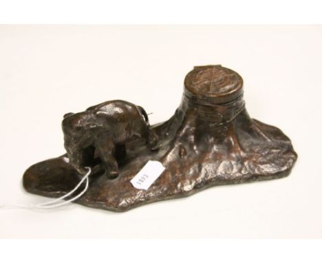 Vintage Bronzed effect Spelter Inkwell, modelled as a Tree Stump &amp; Elephant with White Glass liner, measures approx 18 x 