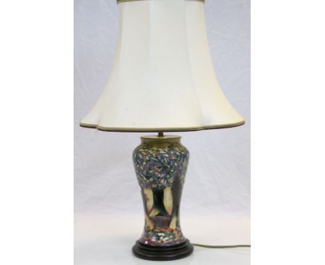 Large Moorcroft Pottery Lamp with "Toadstool &amp; Woodland" decoration, stands approx 26cm excluding wooden base and light f