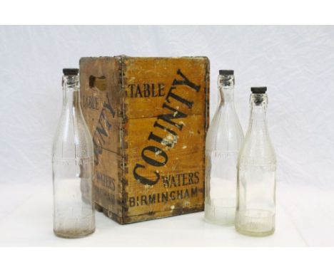 Vintage Wooden "County Table Water" Bottle crate with three original Glass Bottles