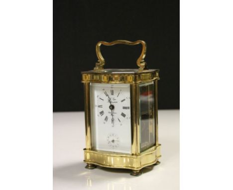 Vintage Brass cased Carriage Clock with wavy edge design, bevelled Glass panels &amp; Enamel dial, comes with key, missing Be