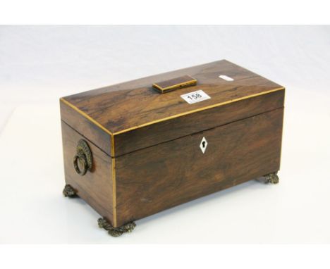 Victorian tea caddy with two mahogany caddy containers, missing glass mixing bowl to centre, the caddy box raised on four cas