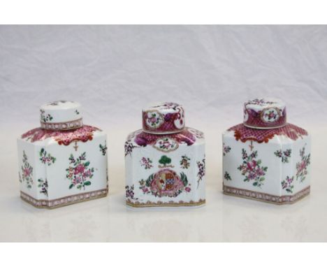 Three 19th Century Chinese export ceramic Tea Caddies, all with Famille Rose decoration and approx 11cm tall including lids