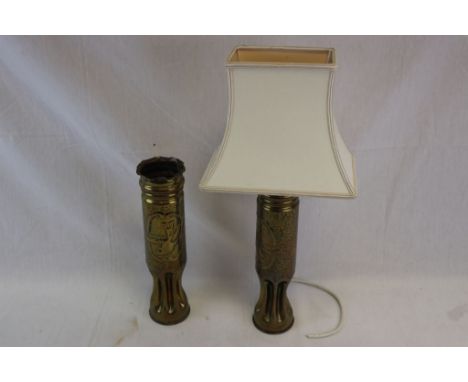 A Pair Of World War One / WW1 Shell Case Trench Art Vases One Having Been Converted Into A Lamp.