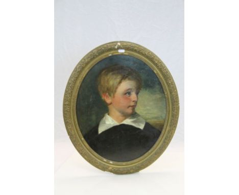 19th Century Oil on board Portrait of a Young Boy in Gilt oval frame, image approx 44 x 37cm