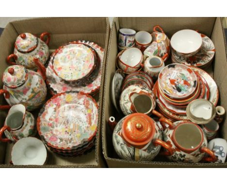 Box of vintage mostly signed Chinese tea cups/bowls, plates, saucers, jug, teapot etc