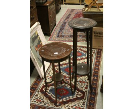 Early 20th century Mahogany Inlaid Circular Jardiniere Stand, 101cms high together with a similar Lamp Table, 72cms high