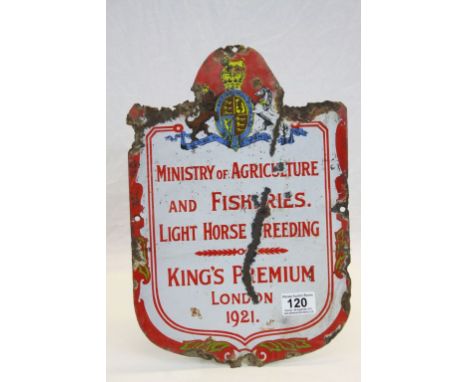 Vintage Enamel Sign ' Ministry of Agriculture and Fisheries, Light Horse Breeding, King's Premium, London 1921, 37cms x 25cms