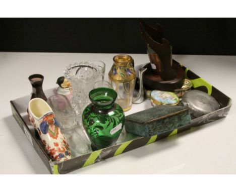 Mixed vintage collectables to include Glass Shoe Vesta holders, Horn Snuff box, Enamel Pill boxes etc