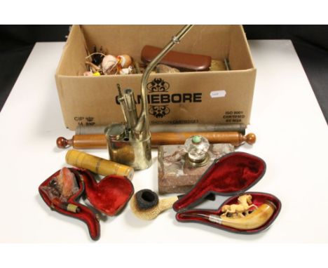 Mixed vintage Collectables to include Meerschaum Pipes, Opium Pipe, carved Oriental disc, stone Paperweight, cased Spectacles