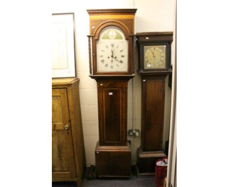 19th century Mahogany Inlaid 8 day Longcase Clock, with arched painted dial, 213cms high