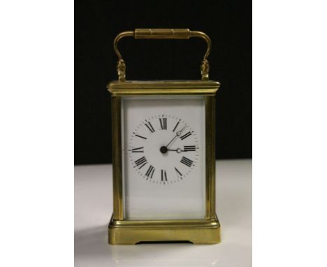 Large vintage Brass Carriage Clock with bevelled Glass panels &amp; Enamel dial, maker marked "R &amp; Co" to movement, measu
