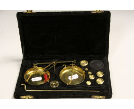 Velvet cased set of Indian Brass Scales with weights, tweezers &amp; stand