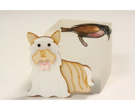 Lea Stein Style Yorkshire Terrier Dog Brooch together with an Enamel Bird Brooch