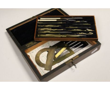 Vintage boxed Draughtsman's set to include Brass Protractors etc, box approx 23 x 13 x 4.5cm