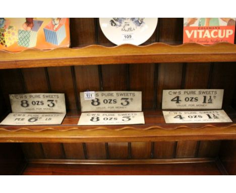 Six Vintage Advertising ' C.W.S Pure Sweets, Value for Money '  Shop Display Price Cards, circa 1920's, each 23cms x 7.5cms