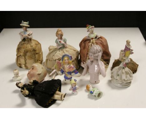 Collection of vintage Ceramic half Pin Dolls, four with bases, plus a large example, vintage Bisque Dolls head, hand made Vic