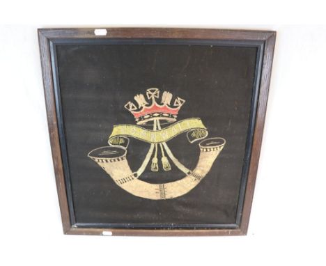 A World War One / WW1 Framed Silk Regimental Embroidered Picture Of The Cornish Light Infantry. Measures Approx 21" x 20".