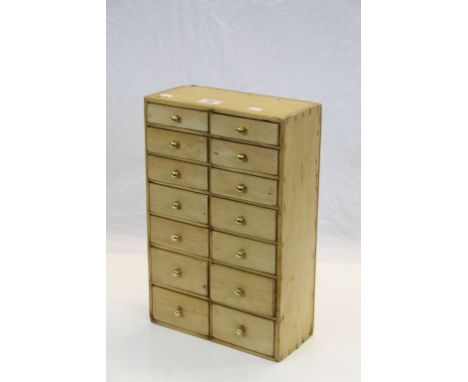 Vintage Stripped Pine tabletop set of 14 Drawers with contents to include two Georgian Hallmarked Silver Spoons, Keys etc, me