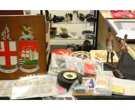 Box of collectables to include vintage train tickets, matchboxes, sea quest off sea oil model, cufflinks, various cash notes,