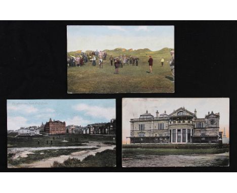 3x St Andrews Golfing colour post cards from the early1900's period - golfing scene match dated '02; The R&A Club House dated