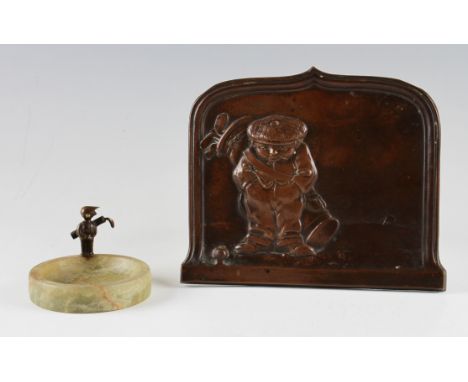 Early and original bronze golfing plaque c.1900 - caricature golfing caddie figure in relief very detailed incl fine guttie b