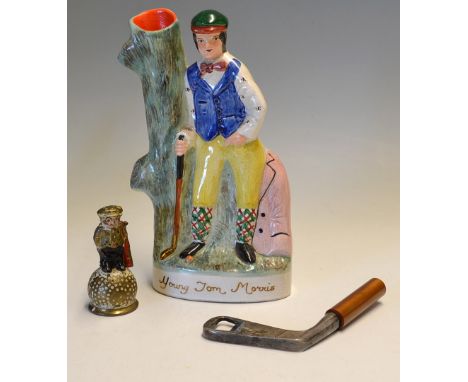 Young Tom Morris Staffordshire flat back golfing figure - modern replica overall 9.5"#h. together with unnamed Dunlop style c