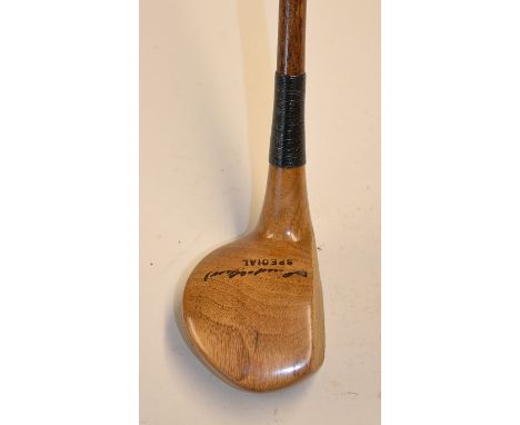 Fine Stuart Gray unusual drop toe light stained brassie with full brass sole plate with makers signature stamped to the crown