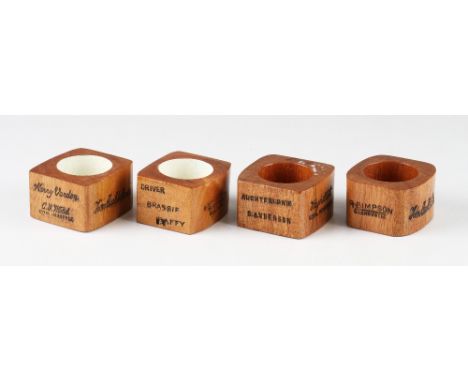 Set of 4x Golf Clubmakers stamped wooden serviette rings - each panel stamped with makers cleek marks to incl Tom Morris, Rob