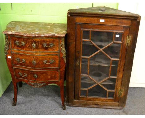 A George III oak astragal glazed hanging corner cupboard and a 19 century French inlaid Kingwood marble topped commode with g