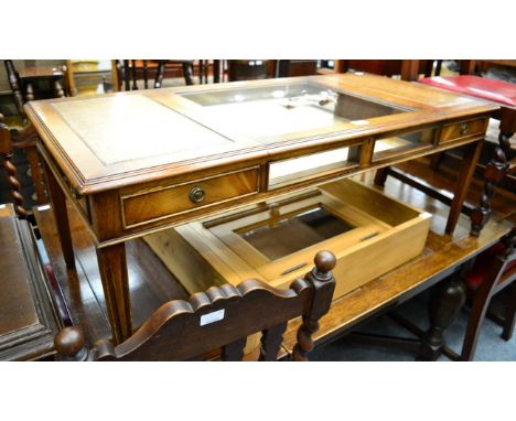 A mahogany reproduction display table, plant pedestal, mahogany two tier table and pine two door wall cabinet (4) 