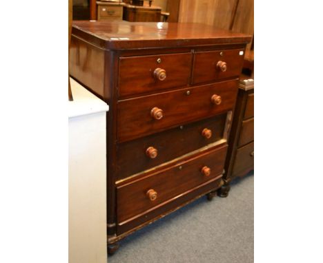 A Victorian painted pine cupboard together with a mahogany four height chest of drawers of similar date