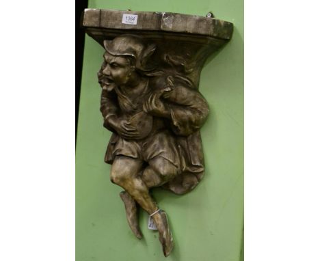 A pair of Austrian painted composition figural wall brackets, in Renaissance style, the shaped rectangular shelf supported by