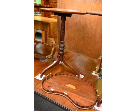 A mahogany circular ring turned tripod table together with an inlaid mahogany reniform twin handled tray