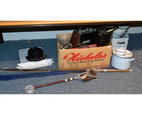 A quantity of enamel pails and pans, fishing rod, bowler hat, etc