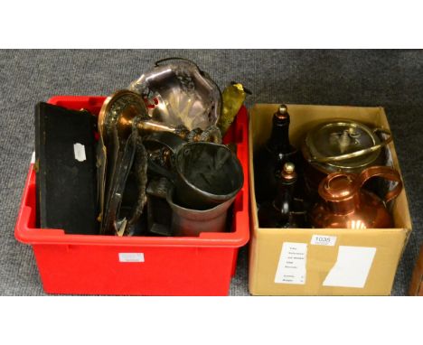 A group of metal wares including 18th century pewter inkwell, 19th century plated telescopic candlesticks etc (two boxes)