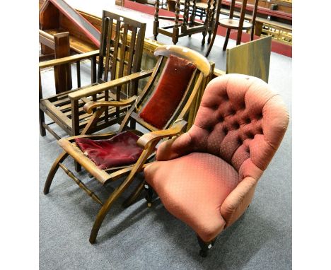 A group of furniture comprising of a Victorian button back nursing chair, an early 20th century oak reclining chair, a mahoga